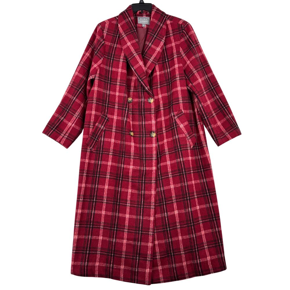 Jessica London Long Coat 20W Wool Blend Red Black Plaid Lined Double Breasted